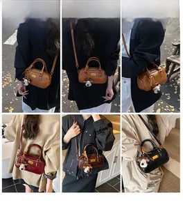 Collage of retro bowling crossbody bags in four colors with cute puppy charms