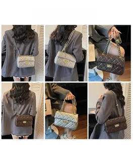 Detailed views of women's quilted chain bag showing models in silver and dark brown colors