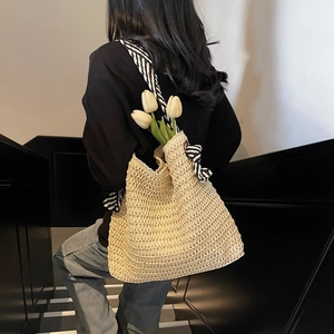 Women's straw woven shoulder tote bag with striped ribbon handle for summer beach beach
