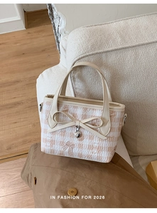 Close-up of cute bear print and bow detail on the plaid tote bag for women