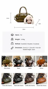 Detailed size specifications and material table for a vintage PU leather handbag with rabbit charm