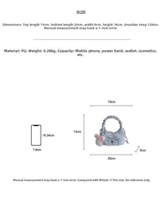 Guide des tailles du sac bleu en PU avec nœud, dimensions et comparaison avec téléphone