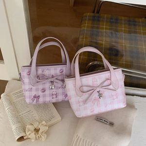 Sweet Girl Style Printed Tote Bag For Women Plaid Cartoon Pattern Large Capacity Shoulder Bag With Bowknot Heart Pendant