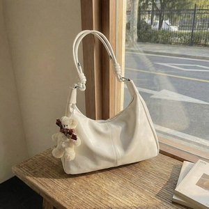 Women Large Capacity Retro Hobo Shoulder Bag Vintage Soft Synthetic Leather Tote Bag With Knot Strap And Plush Bear Pendant