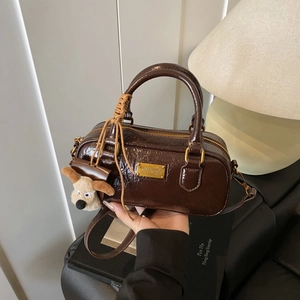 Vintage Women Bowling Shoulder Bag Shiny Crinkled PU Leather Crossbody Handbag With Plush Dog Pendant Daily Commute Satchel Bag