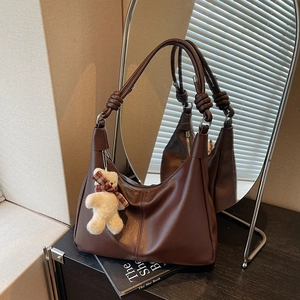 Retro dark brown hobo tote bag in matte faux leather with cute plush bear charm decoration