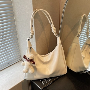 Retro cream white large tote bag with woven knot strap and cute plush bear pendant