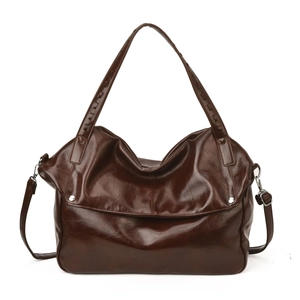 Retro dark brown leather shoulder bag with glossy finish and dual straps for daily commute