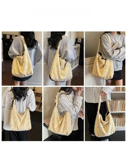 Collage of model wearing a yellow fuzzy tote bag with white stars for autumn casual style