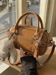 Vintage Glossy PU Leather Boston Bag For Women Fashion Belt Decoration Shoulder Crossbody Bag With Rabbit Plush Charm