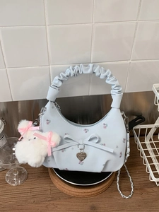 Sac à main chic bleu clair à imprimé cerise avec poignée nuage et nœud déco