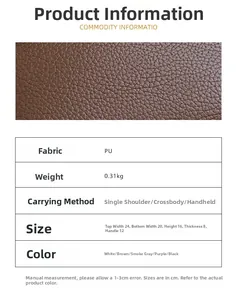 Detail showing the lychee grain PU leather texture and dimensions of the bucket bag