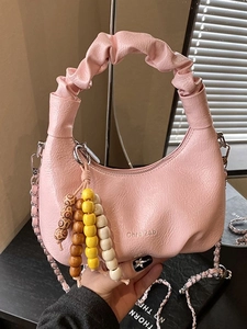 Women Ruched Handle Crossbody Bag With Metal Chain And Colorful Bead Charm Vintage Metallic PU Leather Small Tote Handbag