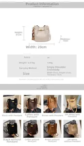 Detail view of women's PU leather bucket bag in black brown and beige with beaded charms