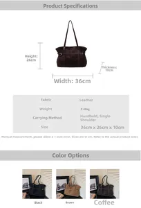 Size chart for large vintage suede tote bag showing dimensions 36x26x10cm and colors