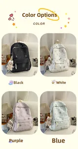 Collage of fashion butterfly print school backpacks in black, white, purple, and blue colors