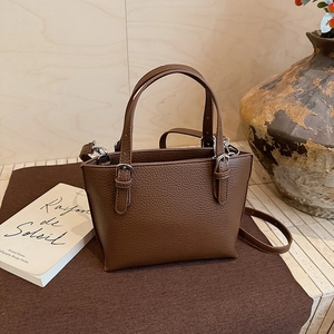 Close-up of dark brown lychee pattern leather bucket bag with silver buckle details