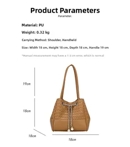 Detailed size specifications for woven PU leather bucket bag with chain and pearl decor