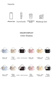 Detailed capacity guide for matte leather bucket bag showing six colors with bear charms