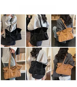 Collage of large tote bag in black and tan brown showing side buckle details and strap