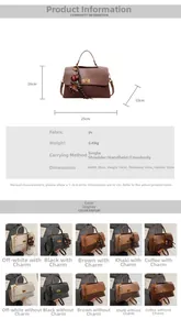 Detailed size specifications and color comparison of the vintage PU leather handbag