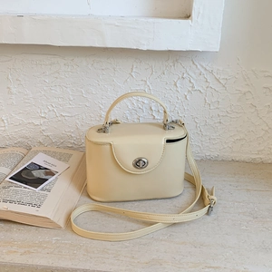 Detailed close-up of cream box-shaped vanity bag with silver rotating metal lock