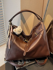 Women Retro Synthetic Leather Backpack Large Capacity Commuting Tote Bag With Plush Bear Charm Travel Shoulder Bag