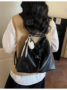 Retro black leather multi-use tote backpack with stylish plush charm for women