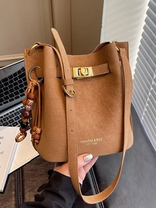 Women Casual PU Leather Bucket Bag Vintage Wood Bead Charm Metal Lock Single Shoulder Crossbody Bag Daily Travel Handbag