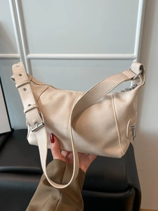 Retro cream white PU leather hobo bag with wide buckle strap and silver hardware accents