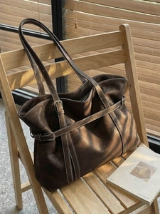 Vintage Large Capacity Suede Tote Bag For Women Retro Contrast Stitching Shoulder Bag Slouchy Commuter Office Handbag