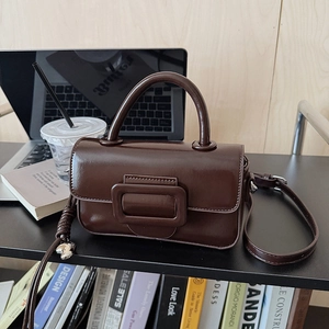 Detail view of dark brown leather mini bag with large square buckle on a shelf