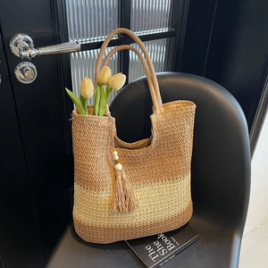 Women Woven Straw Tote Bag Large Capacity Color Block Beach Shoulder Bag With Tassel Bohemian Vacation Casual Handbag