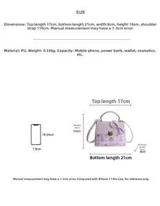 Detailed size guide of purple PU square bag with dimensions and phone size comparison