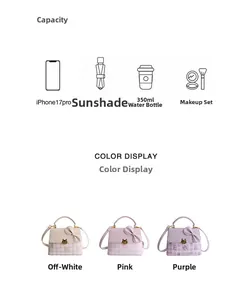 Detail view of the small square bag showing internal capacity for phone and cosmetics