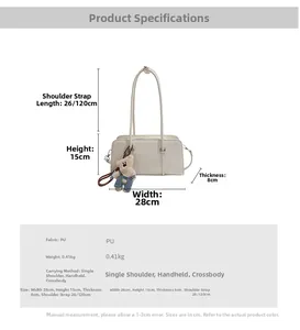 Detailed size chart for beige PU shoulder bag featuring dimensions and bear pendant