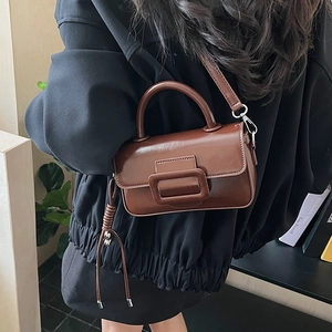 Detail of dark brown leather handbag with signature large square buckle and side tassels