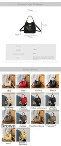 Detailed size chart and multi-color swatches of minimalist PU leather bucket bag for women