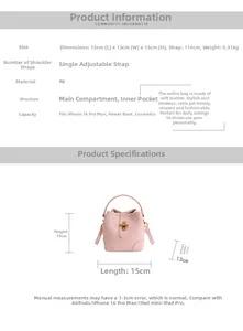 Size chart showing dimensions 15x13x15cm for the pink lychee pattern PU bucket bag