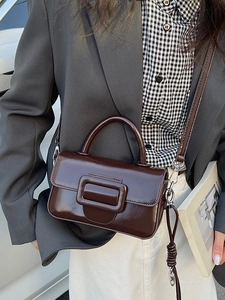 Chic dark brown glossy leather square handbag with large buckle decoration for women