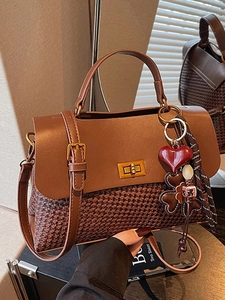 Vintage Patchwork Women Crossbody Bag Large Capacity PU Leather Woven Texture Handbag With Charms Casual Commuter Shoulder Bag