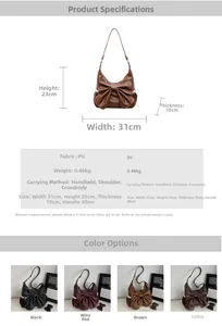 Detailed size chart and four color options for the stylish bow shoulder bag