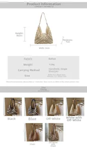 Detailed size chart and multi-color options for large woven straw beach tote bag