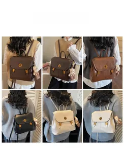Collage of model wearing a vintage PU leather backpack with a cute bear charm accessory