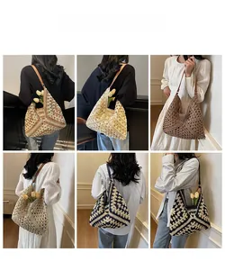 Detail of hand-woven crochet tote bags in various colors with stylish leather straps