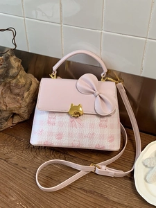 Pink luxury square crossbody bag with 3D bow and golden cat-shaped metal lock