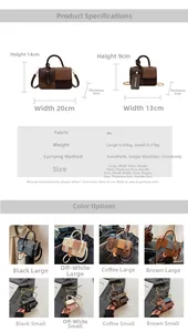 Detailed size comparison and color swatches of the patchwork small square crossbody bag