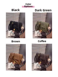 Detail view of retro crossbody bags in black, dark green, tan, and coffee matte finishes