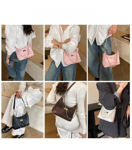 Detail shots of dumpling shoulder bags in tweed and denim with golden chains