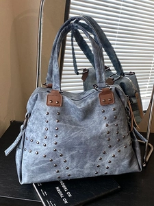 Grand Sac Fourre-tout Vintage à Rivets pour Femmes Cuir Synthétique Lavé Sac à Bandoulière Sac Shopping Décontracté Voyage Quotidien Sac à Main Minimaliste